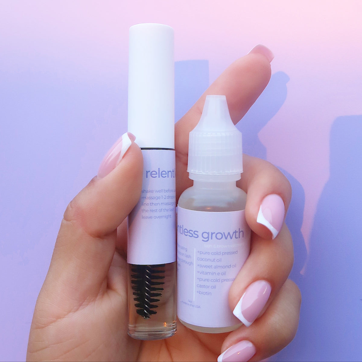 lash & brow conditioning serum, mascara-style tube and dropper bottle, small batch